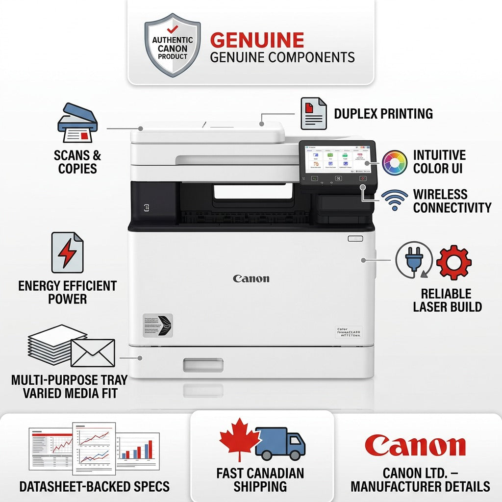 An infographic for the Canon MF751Cdw II printer, displaying confidence cues like robust build, fast specs, wireless connectivity, and "Fast Canadian Shipping" around a central image of the multi-functional laser printer.