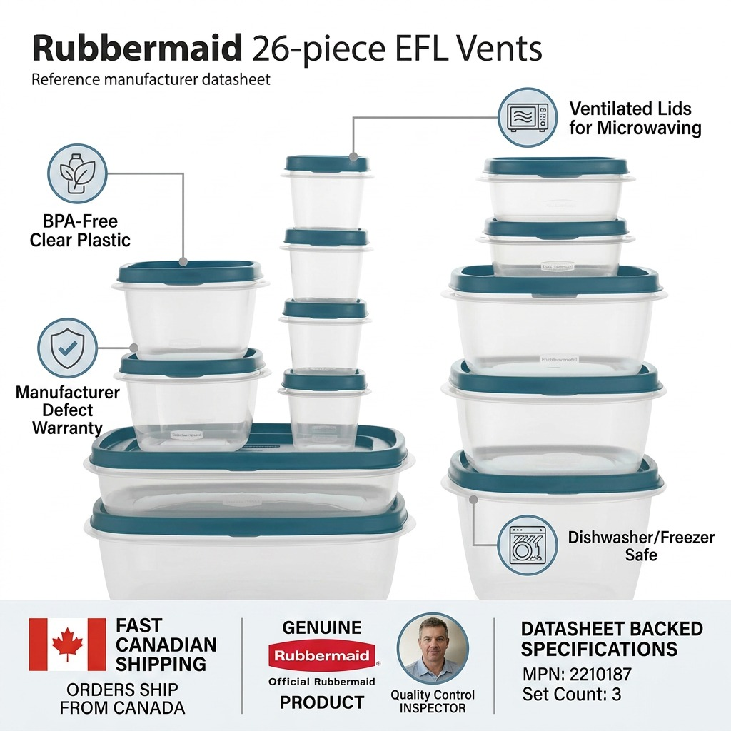 Trust and authority visual matrix for the Rubbermaid 26-piece storage set, highlighting manufacturer details, material specs, and shipping information.