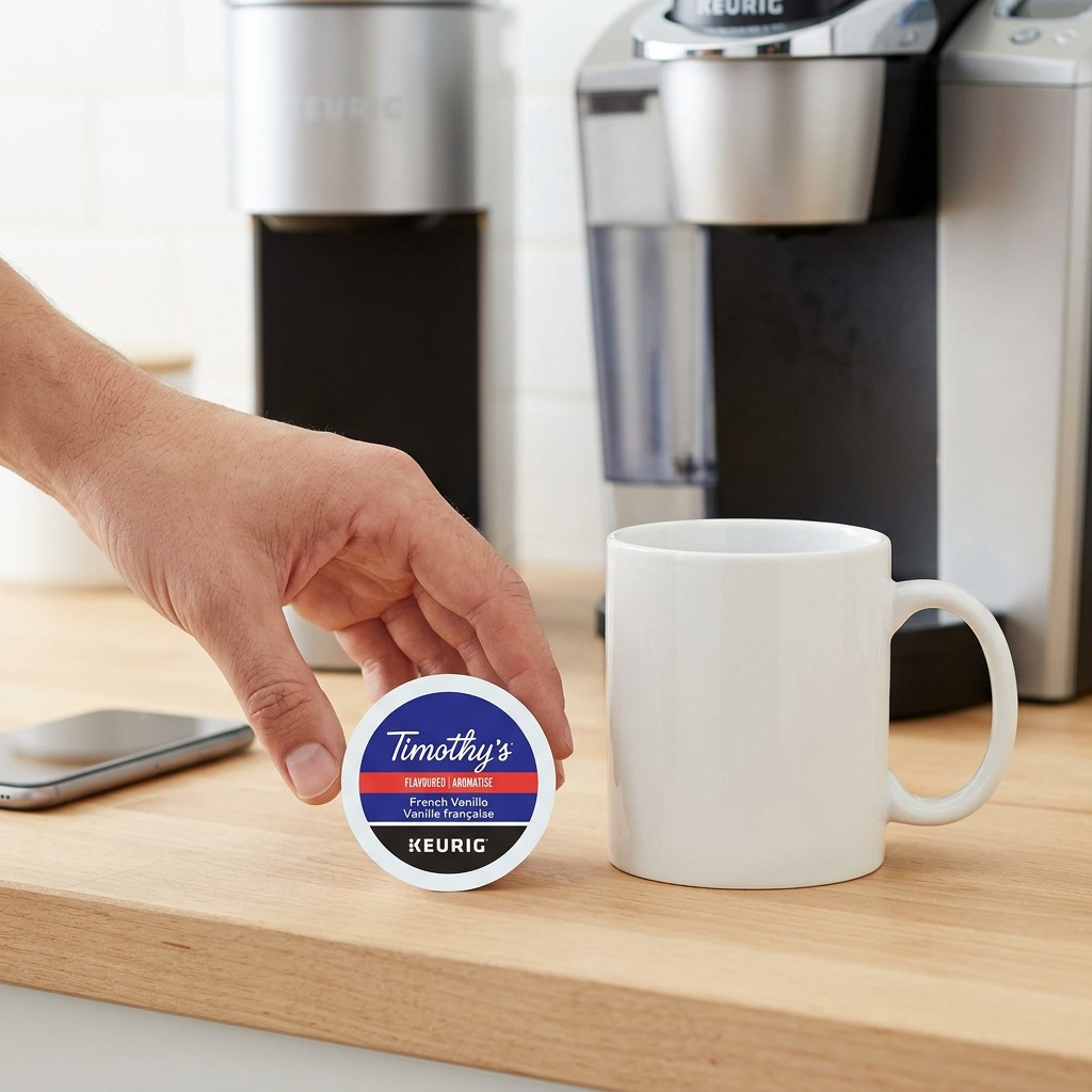 Keurig-compatible K-Cup pod of Timothy's French Vanilla, shown for size comparison next to a standard coffee cup on a counter, with realistic lighting.