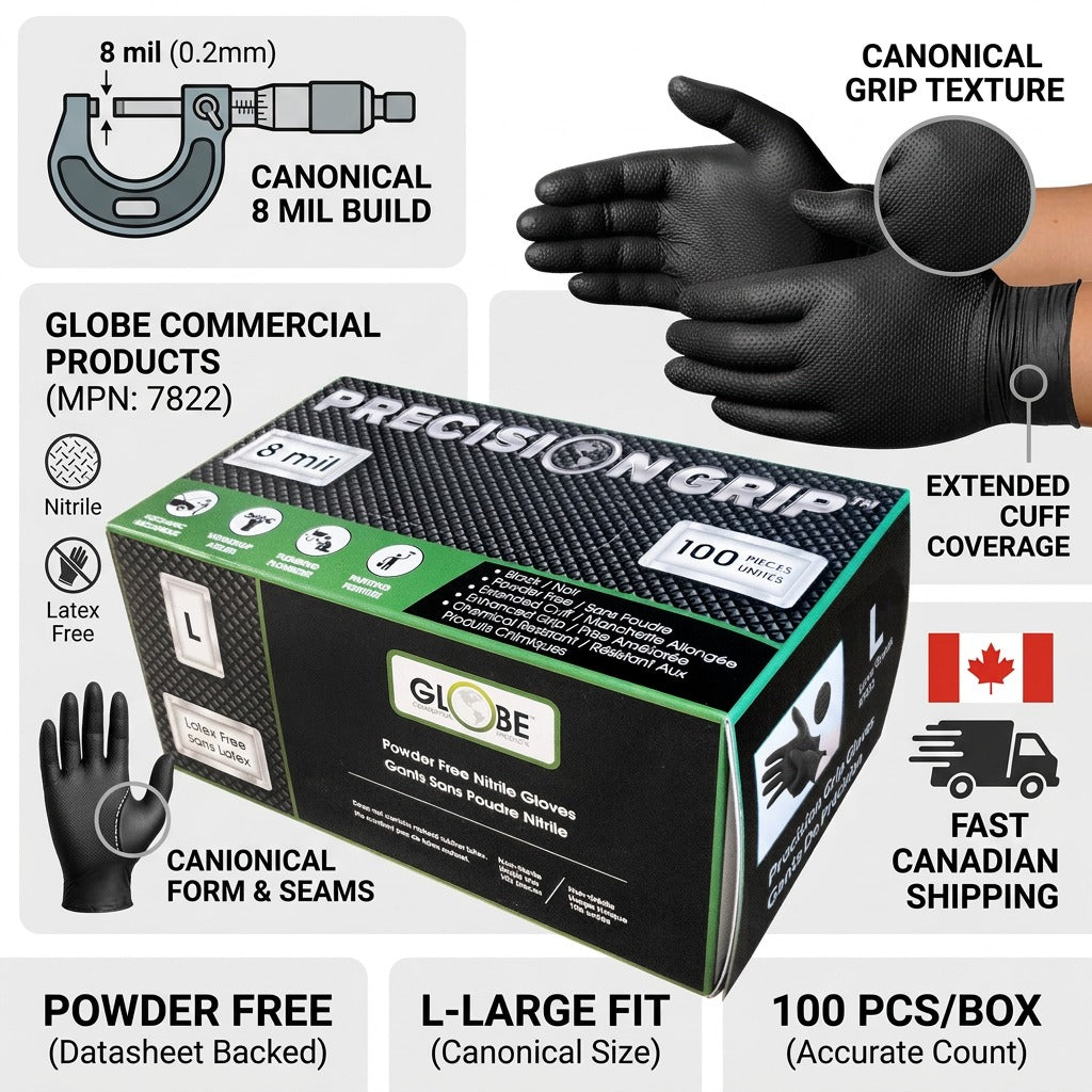Globe Precision Grip nitrile gloves infographic showing 8mil thickness, texture, and large size.