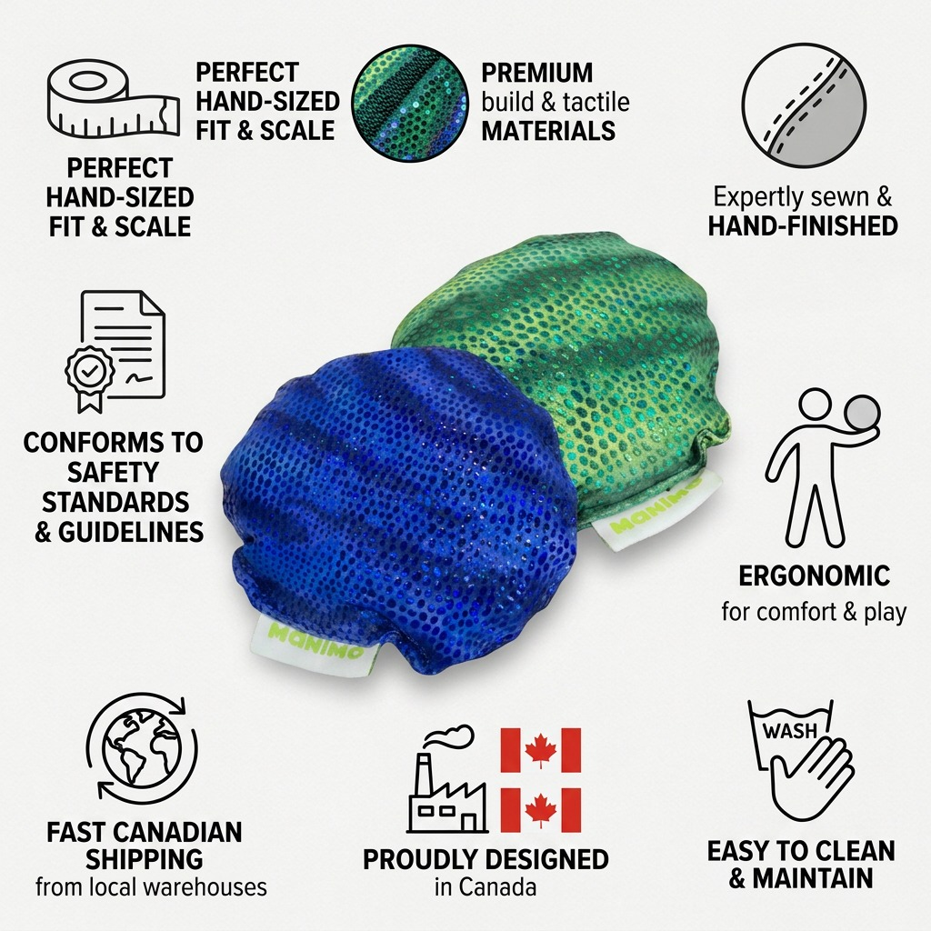 A confident product infographic displaying the fdmt manimo Full Moon Ball, with key factual cues and icons.