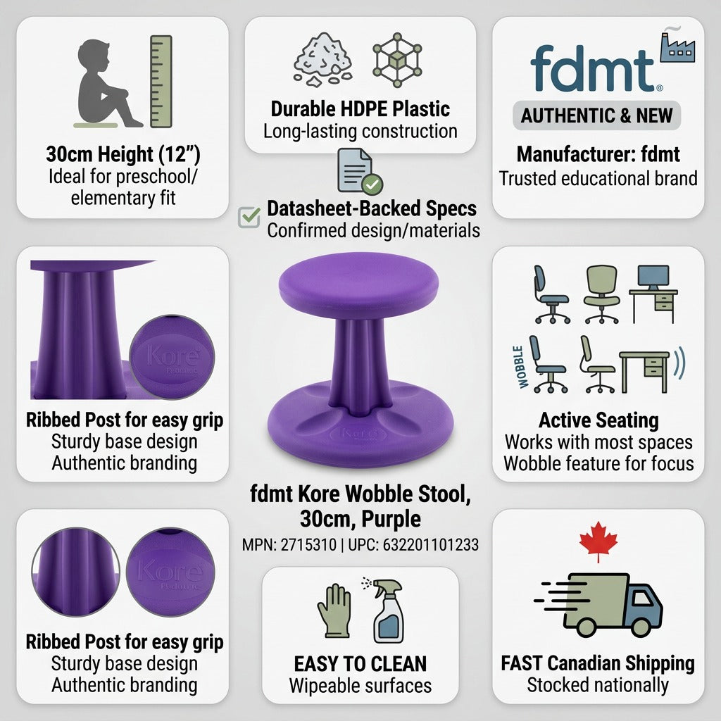 Infographic for fdmt Kore Purple 30cm Wobble Stool features HDPE plastic and fast Canadian shipping.