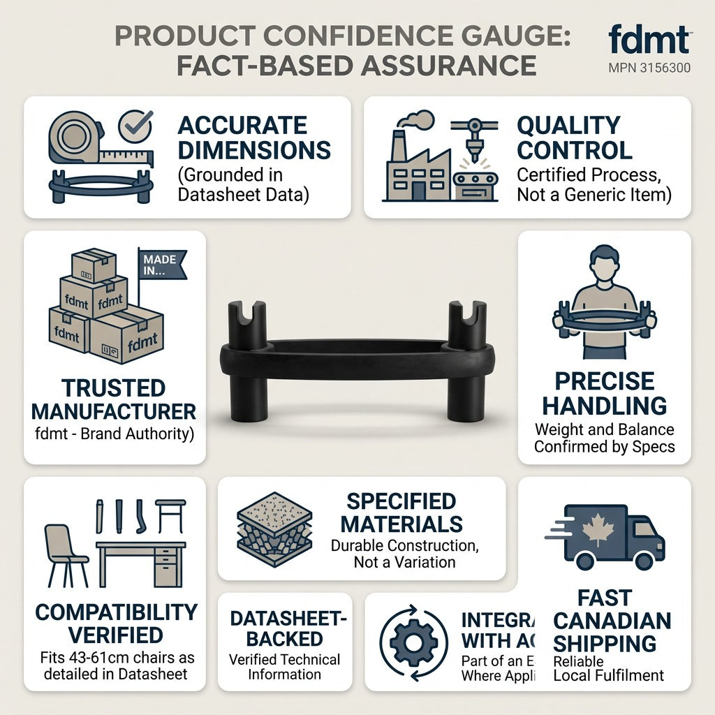 fdmt BouncyBand for chairs infographic showing quality control, dimensions, and fast Canadian shipping.