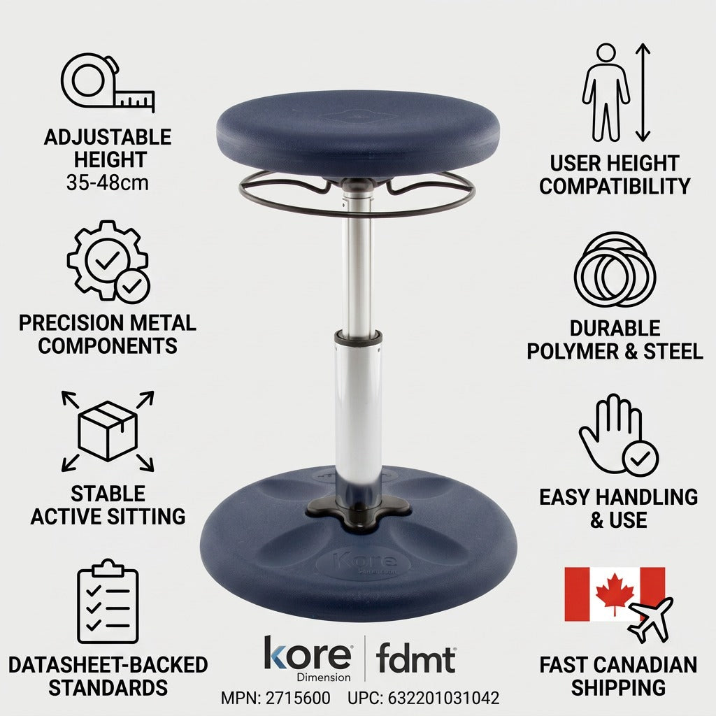 Infographic for fdmt Kore Adjustable Wobble Stool highlighting 35-48cm height and Canadian shipping.