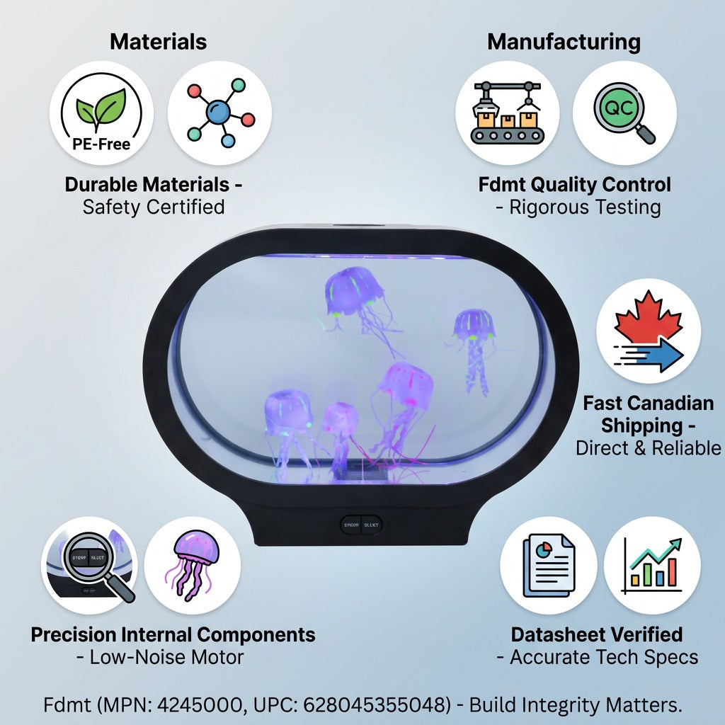 Infographic for fdmt Jellyzen Oval Jellyfish Lamp highlighting quality control and fast shipping.