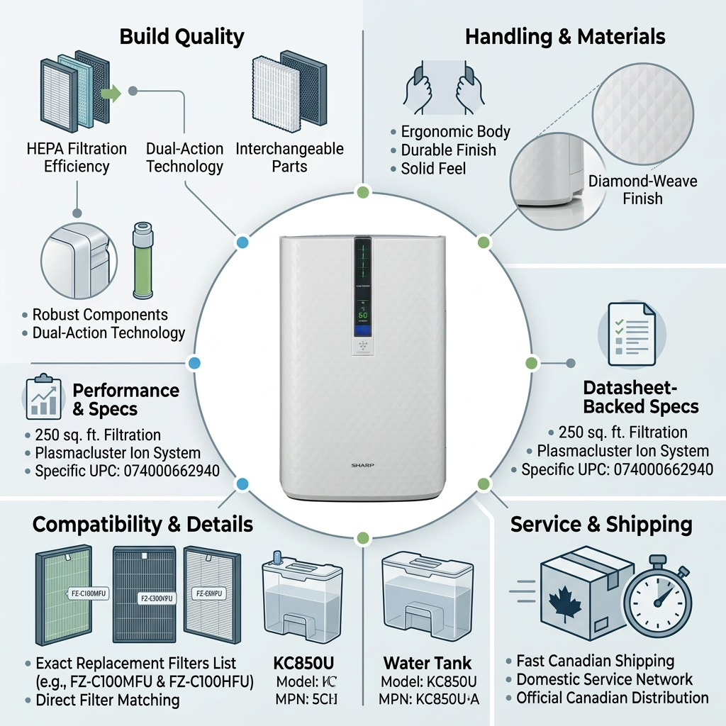 Trust infographic for SHARP KC850U air purifier, highlighting build, handling, and Canadian shipping.