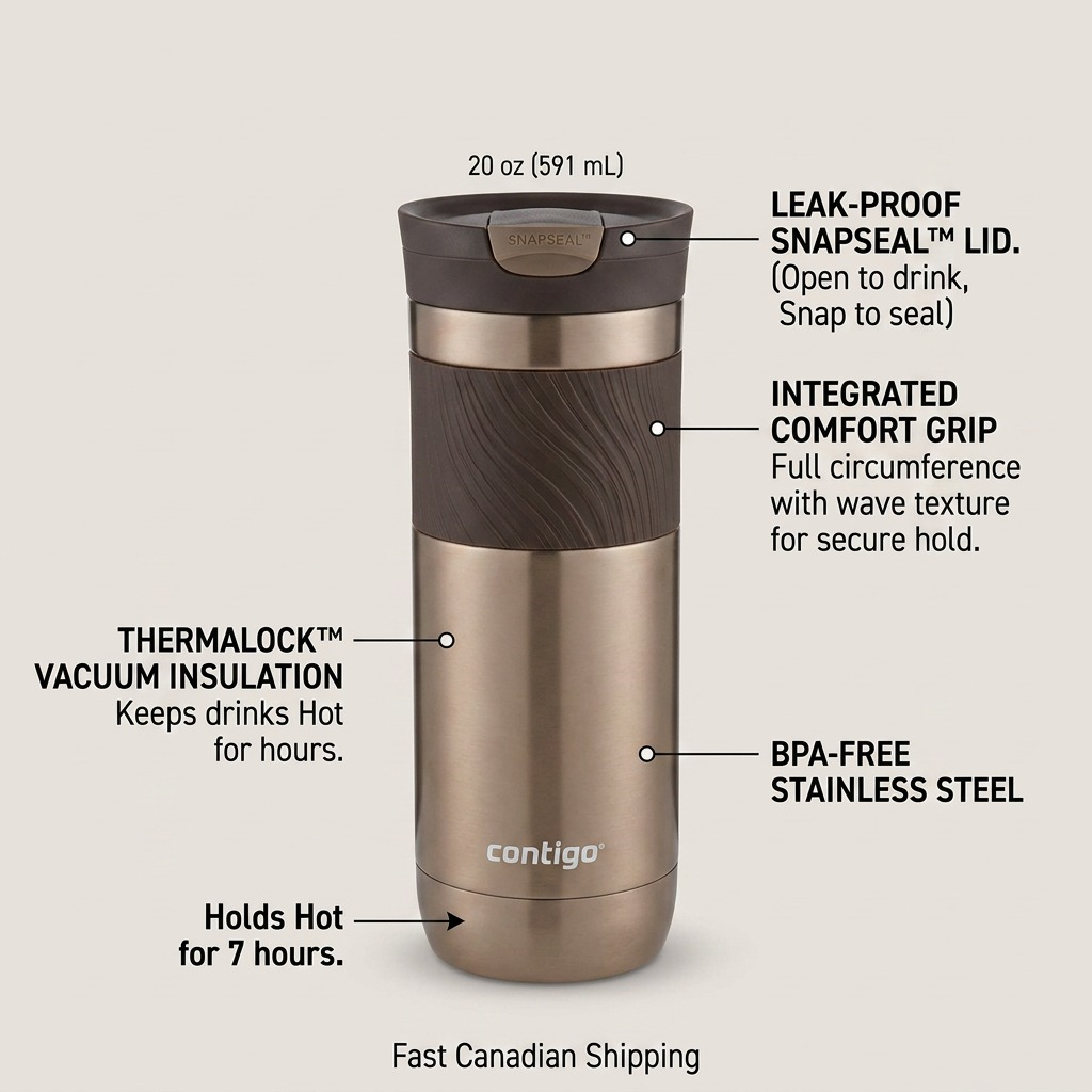 An exploded-view infographic highlighting the operational features of the Contigo Byron 2.0 mug.