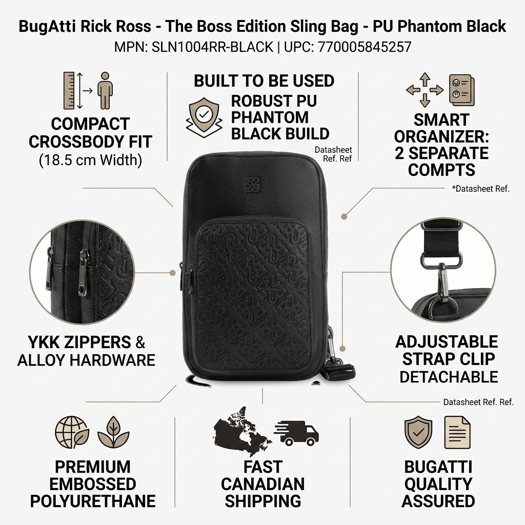 Infographic matrix showing a detailed black sling bag and data points about build and shipping.