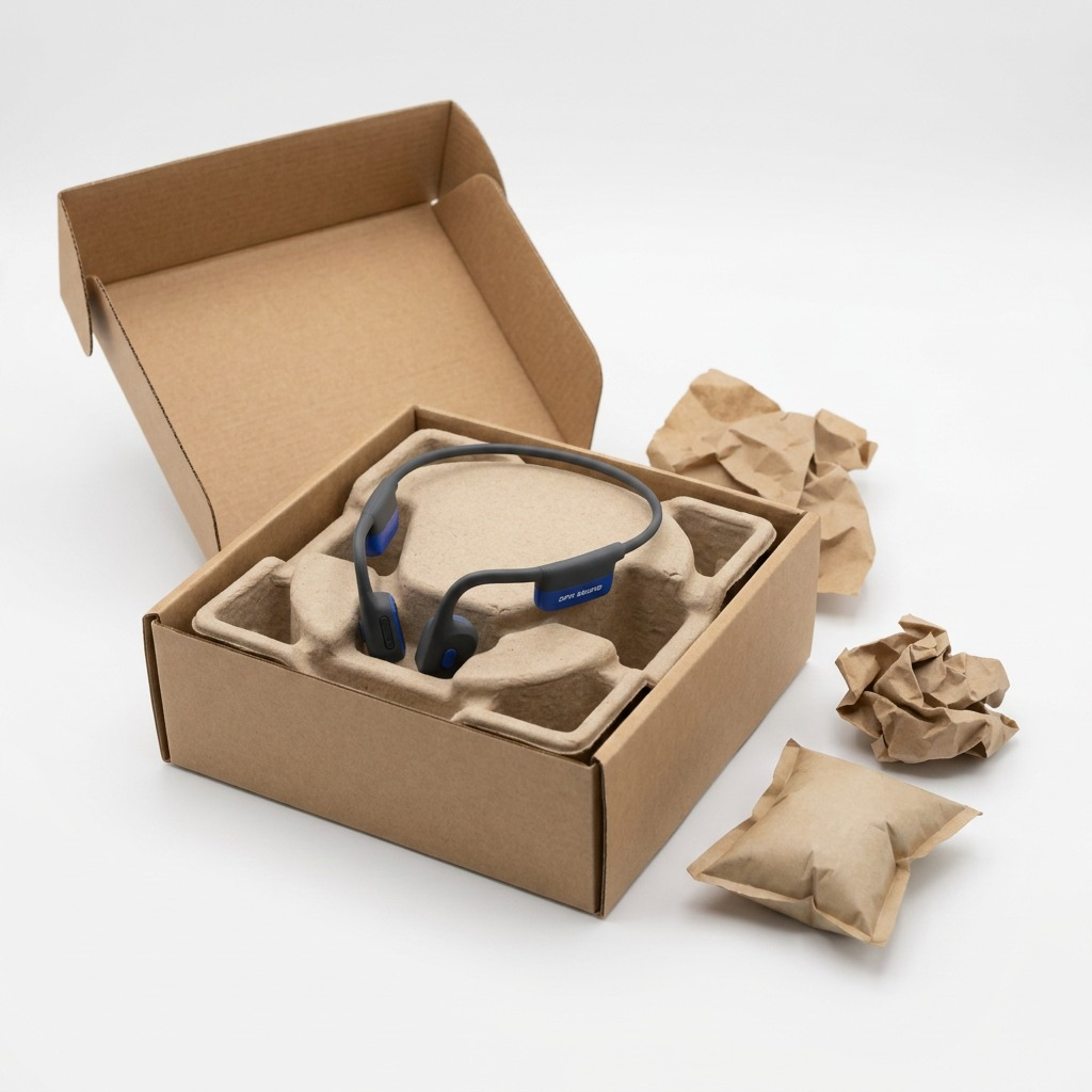 Unboxing: OPN Sound Mezzo+ headphones secured in protective molded foam within a plain delivery box.