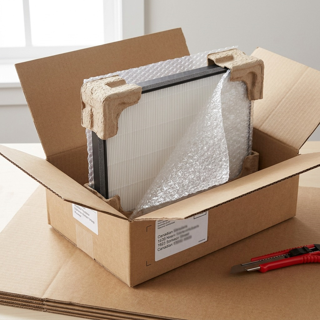 PDP matrix visual of the SHARP True HEPA filter unboxed from secure shipping materials.