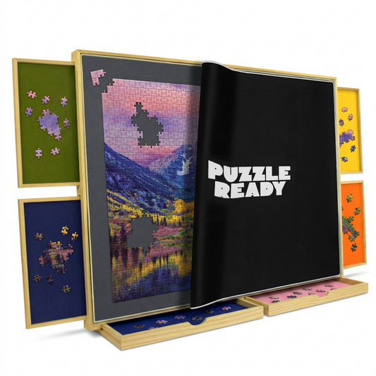 A hero shot of the Puzzle Ready puzzle board featuring two open drawers and the "PUZZLE READY" mat.