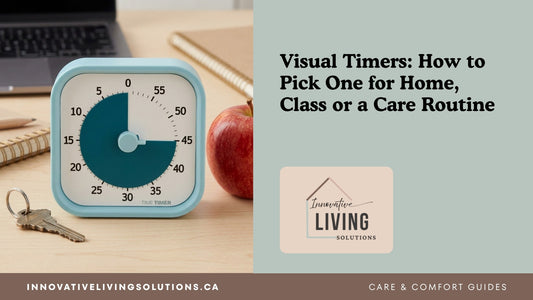 A Time Timer MOD visual timer in Lake Day Blue on a desk beside keys and an apple, next to the title Visual Timers: How to Pick One for Home, Class or a Care Routine and the Innovative Living Solutions logo.