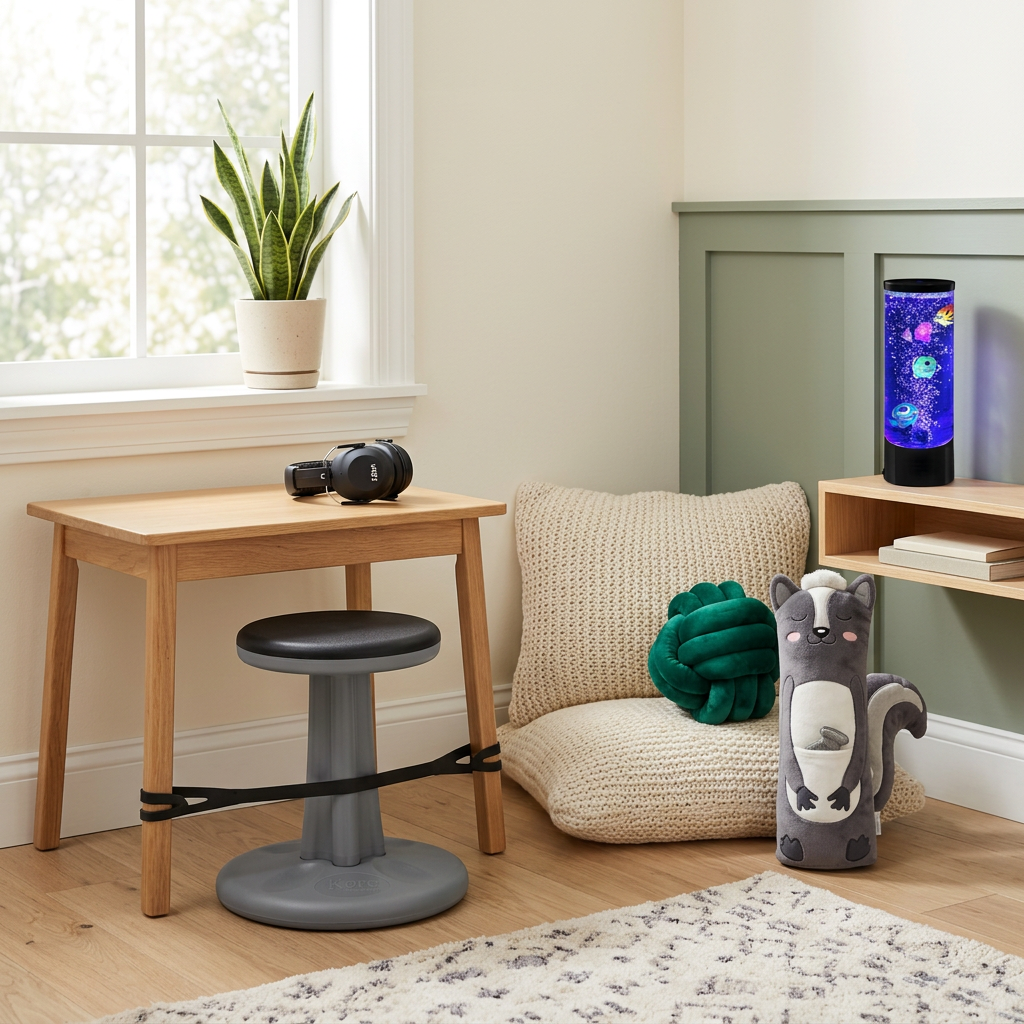 A cozy reset corner with a wooden desk, wobble stool, headphones, floor cushion, knit pillow, plush skunk and a bubble tube lamp