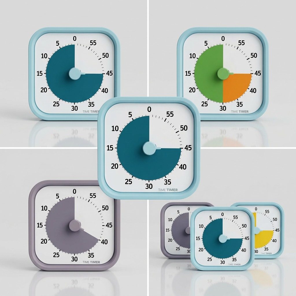 Collage of Time Timer MOD timers in several case and disk colours, with the Lake Day Blue timer in the centre. Sold separately; this listing is Lake Day Blue only.