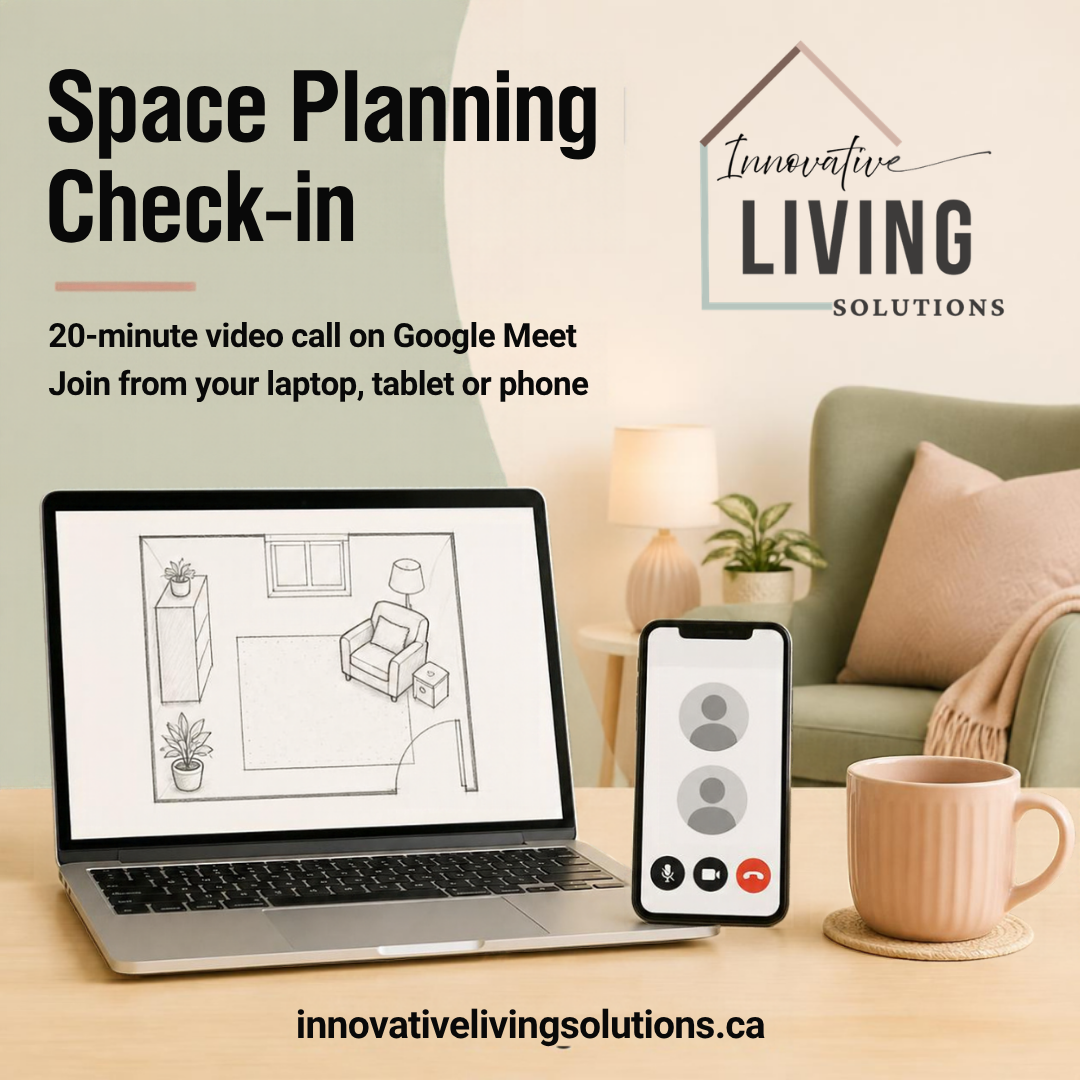 Space Planning Check-in: a 20-minute video call on Google Meet from Innovative Living Solutions, shown on a laptop with a room sketch and a phone