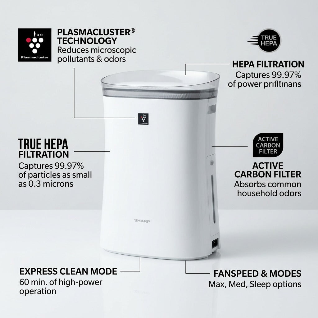 Ecommerce graphic showing operational features of the SHARP FPK50UW air purifier with True HEPA and Plasmacluster technology.