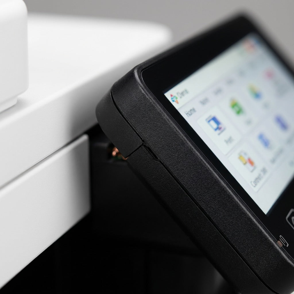 Macro photograph of the high-fidelity color touchscreen on the Canon Color imageCLASS MF751Cdw II.