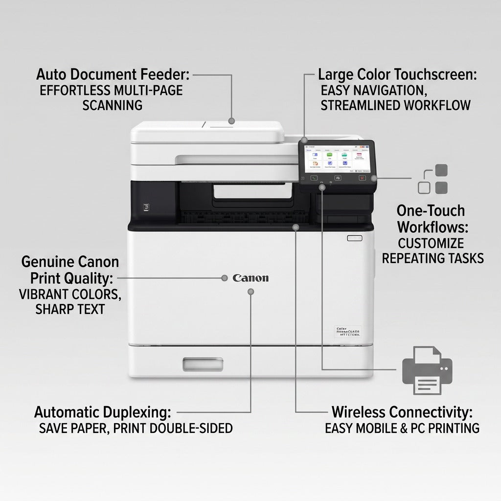 An ecommerce infographic callout image displaying operational features of the Canon Color imageCLASS MF751Cdw II printer.<ctrl46>