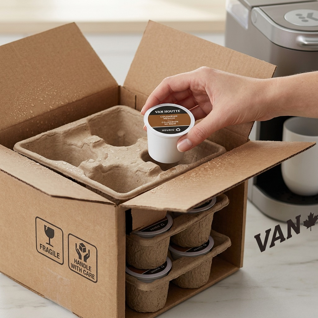A close-up unboxing scene with Van Houtte Colombian Medium K-Cups nested securely in molded, pulp-fiber protective packaging within an open Keurig Canada shipping box.