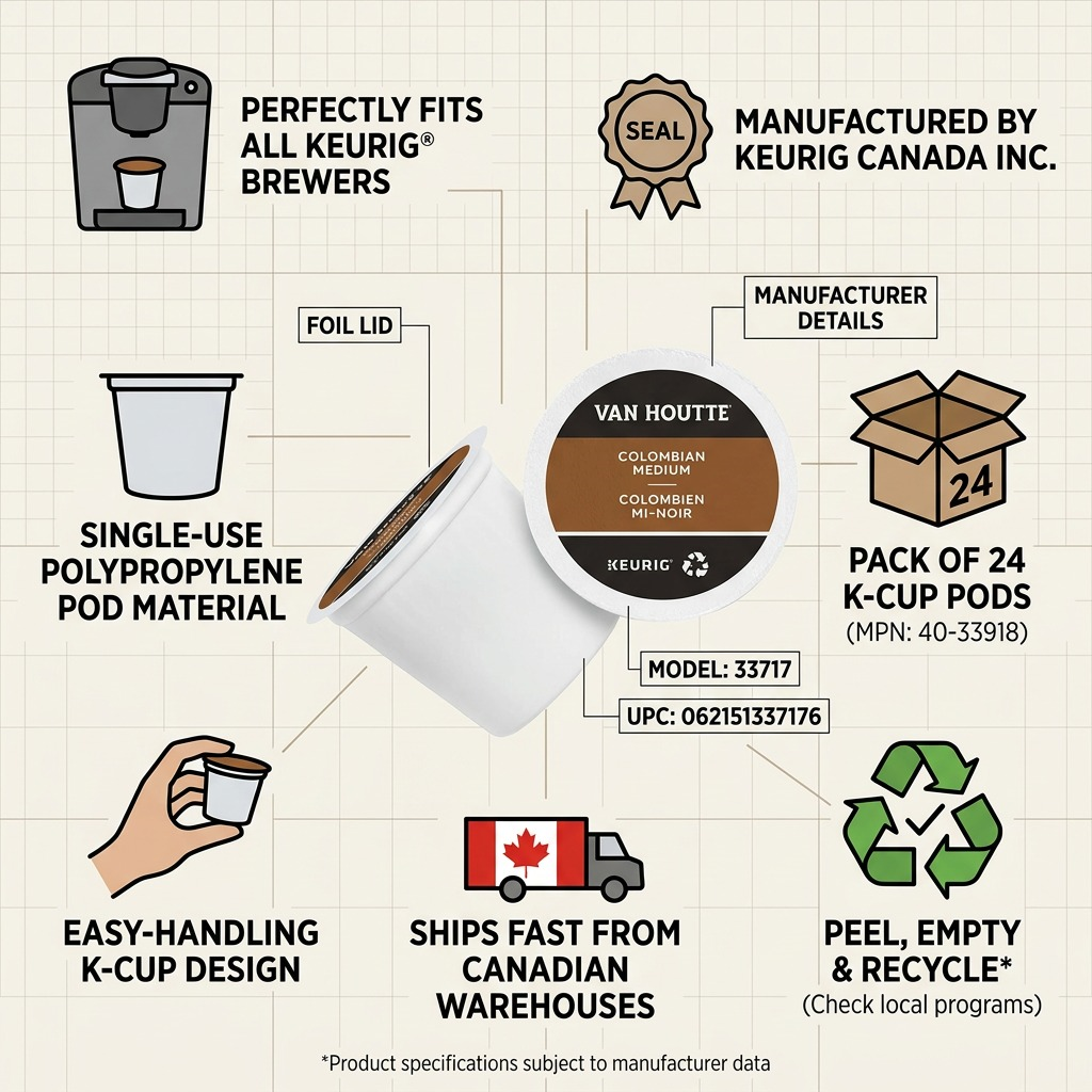 Van Houtte Colombian Medium K-Cup Trust Matrix with product details and fast Canadian shipping icon.