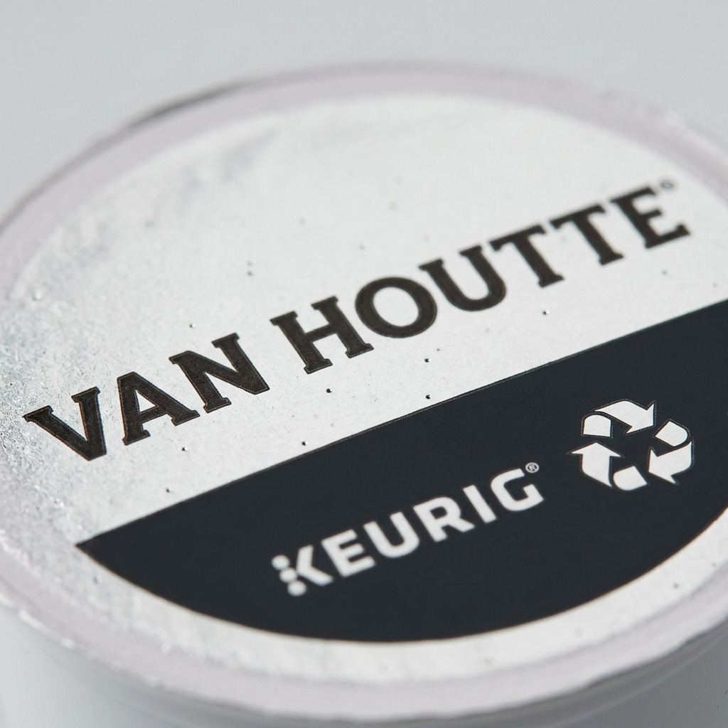 Macro close-up of a Van Houtte Breakfast Blend K-Cup pod foil lid, highlighting fine text and recycle mark.