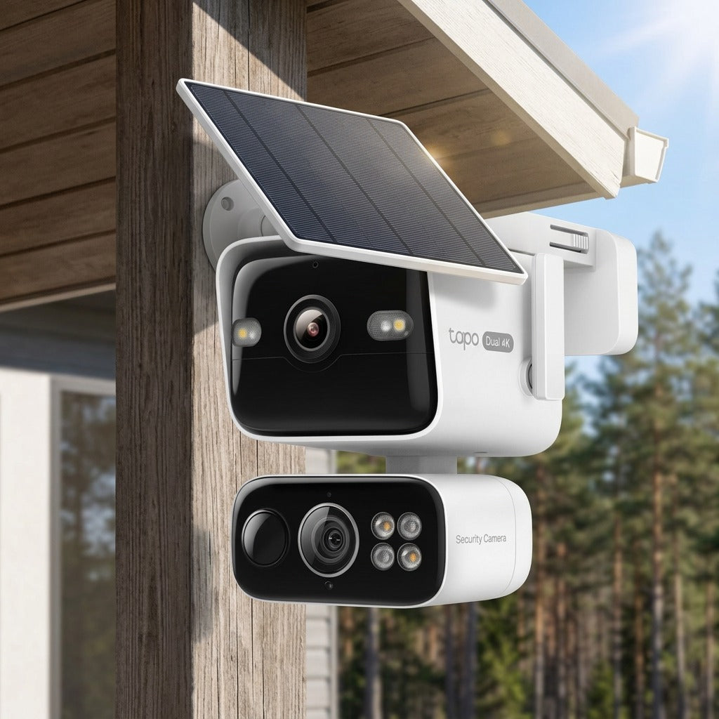 A TP-Link Tapo-C675D-KIT dual-lens security system mounted on a wooden post under sunlight.