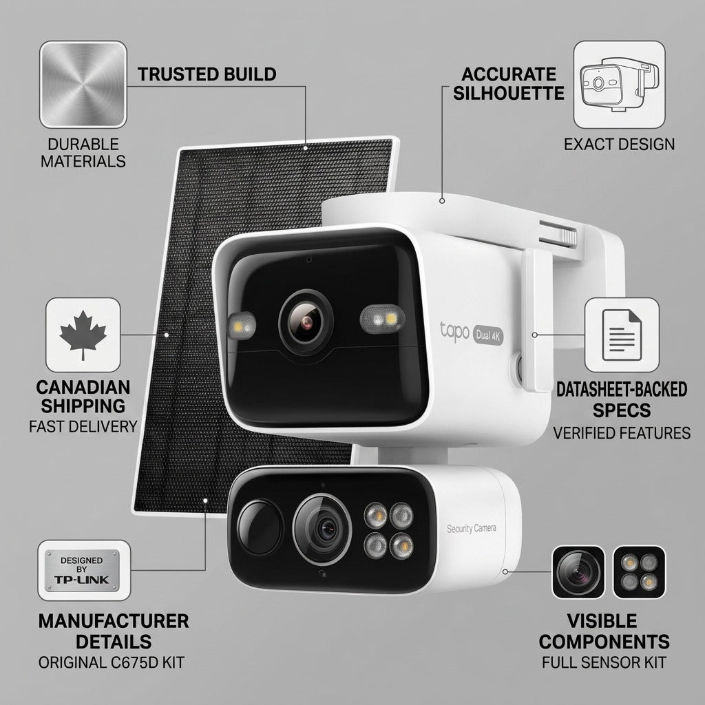 A matrix info-graphic for a home security camera kit, showing the product and its components.