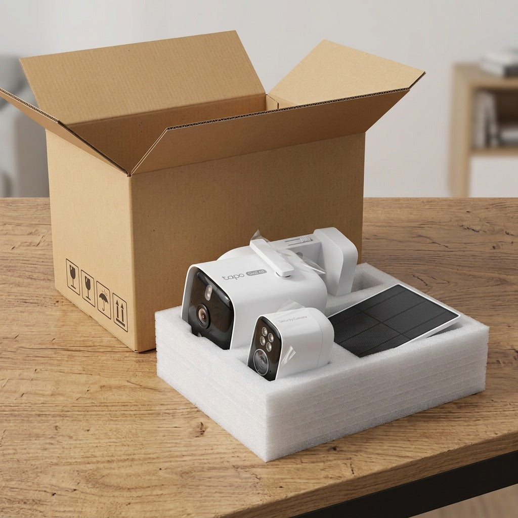 An image showing a high-quality shipping box with premium foam protection for the Tapo security kit.