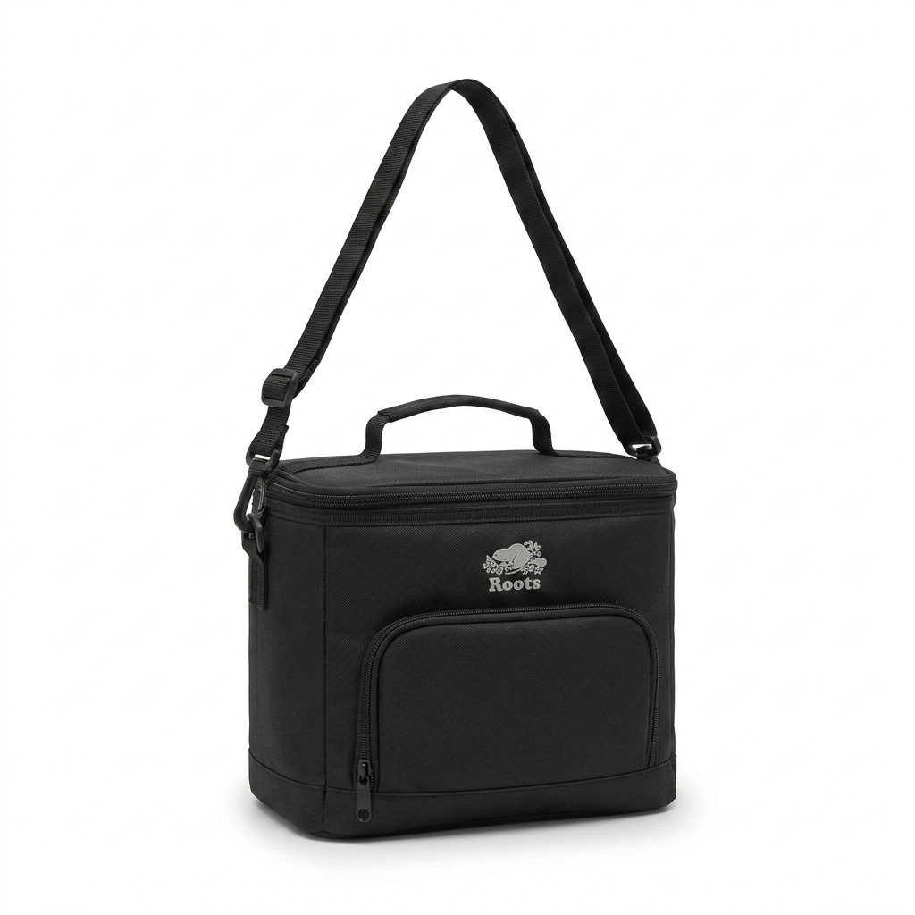 A high-resolution product photograph of the Roots Rts Coated Poly Top Zip Cooler, black with silver logo.