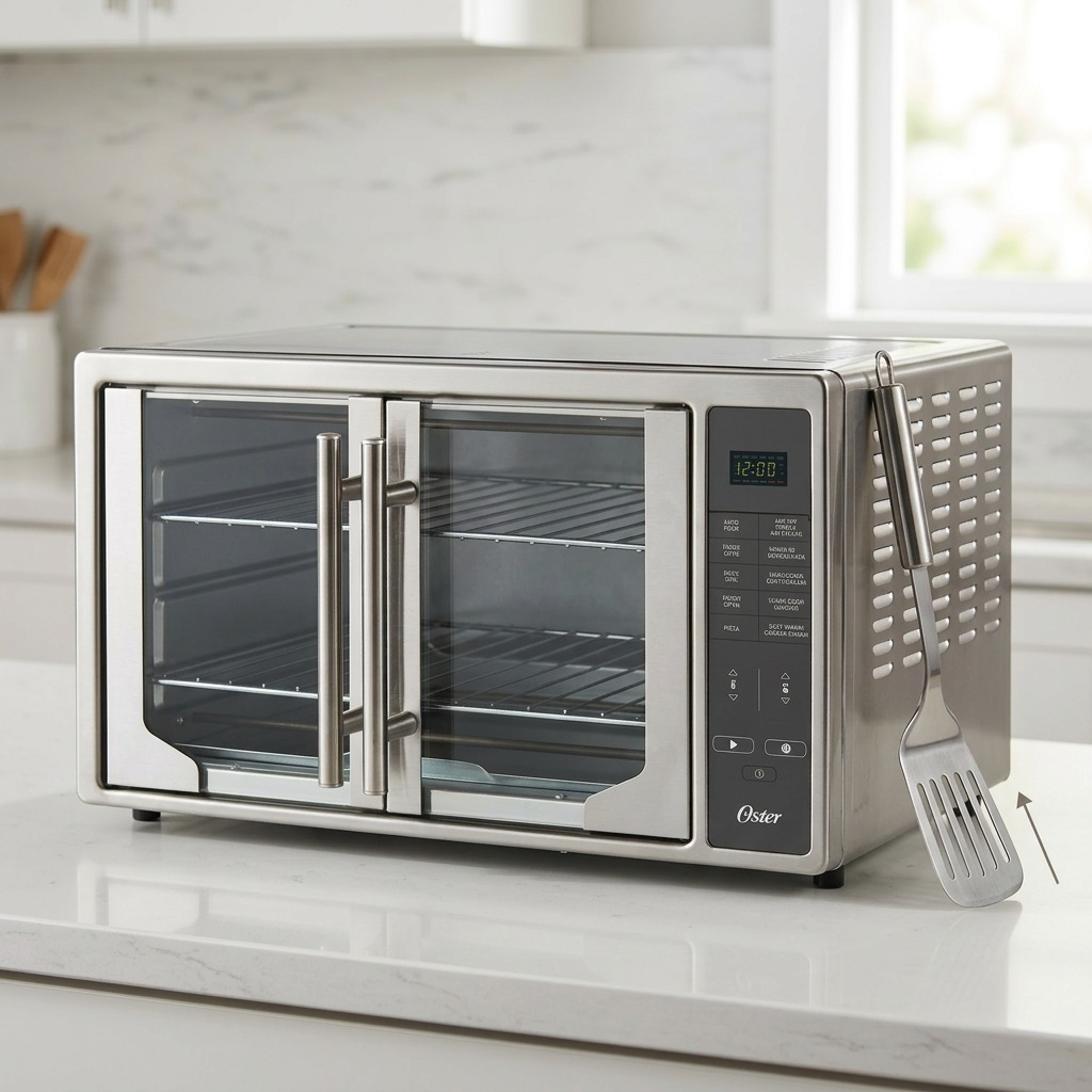 - A photograph showing the size of the Oster oven relative to a common kitchen spatula. -