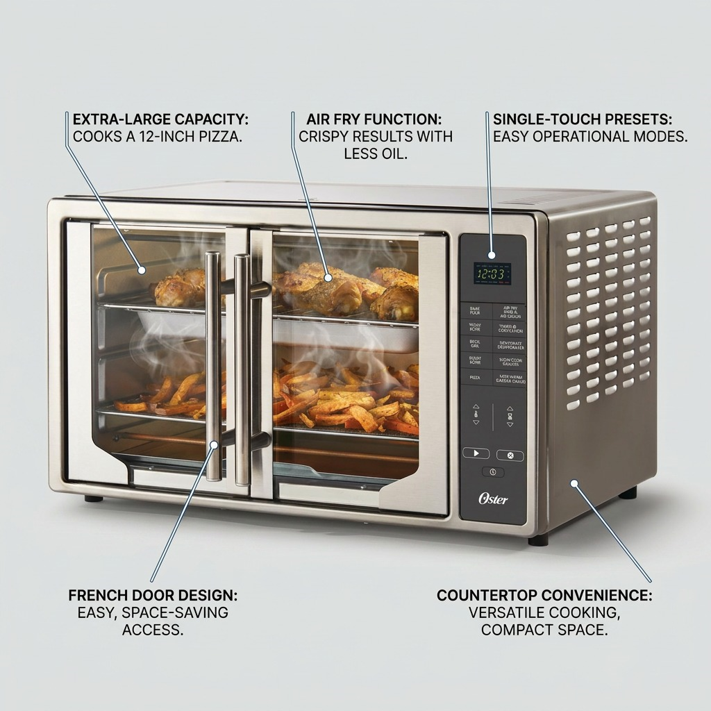 Oster Digital French Door Air Fry Countertop Oven feature callout graphic with internal food and text overlays.