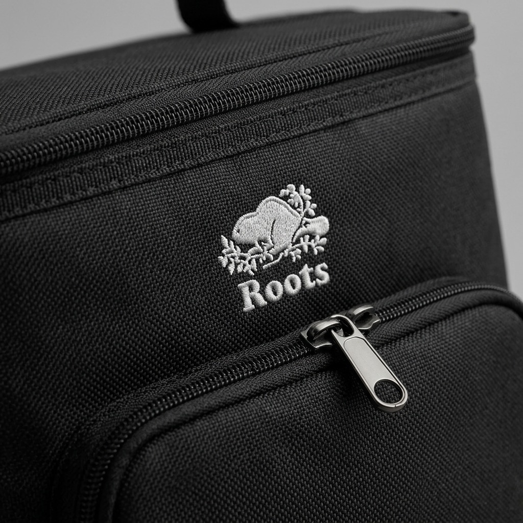 A macro photo captures the detailed weave of the black poly fabric, a metallic zipper, and the silver embroidered Roots logo.