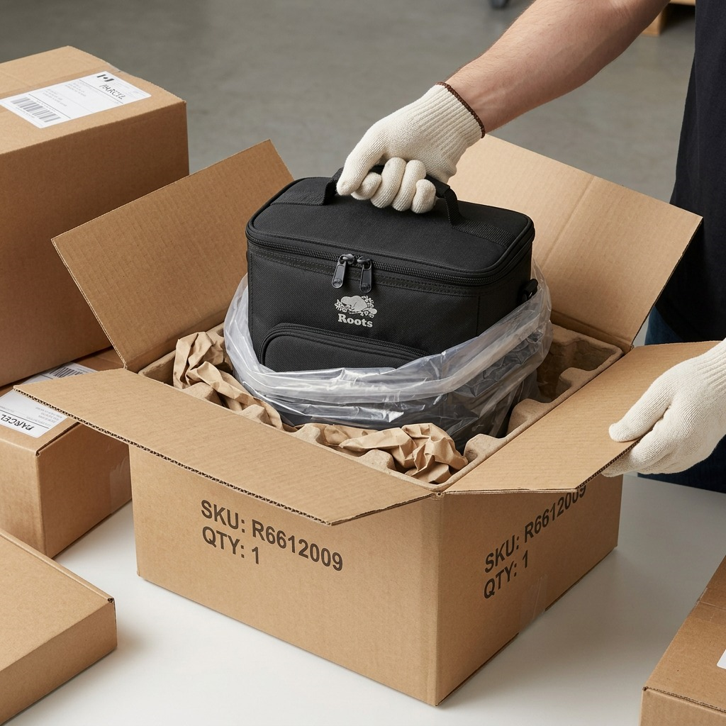 Image 7 of the visual matrix, demonstrating unboxing: The Roots Coated Poly Top Zip Cooler (model R6612009) is shown safely nestled within a protective, form-fitting cardboard insert inside an opened, sturdy brown shipping box. Protective kraft paper cushioning and a clear, biodegradable poly bag partially removed reveal the intact product. Realistic, neutral warehouse lighting and no specific retail packaging are visible.