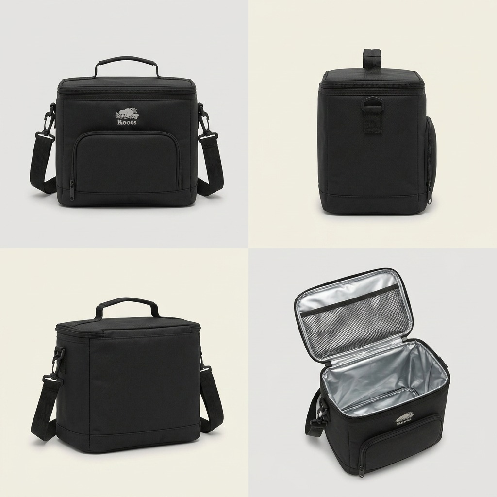 Premium ecommerce grid displaying the Roots black Insulated Cooler Bag from four clear angles: front, side, angled back, and top.