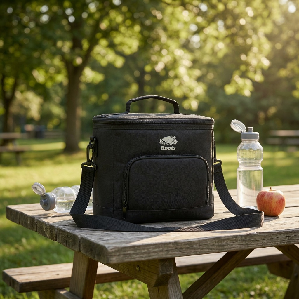A Roots brand black insulated top zip cooler, as seen in image_0.png, sitting on a wooden picnic table with an outdoor blurred background.