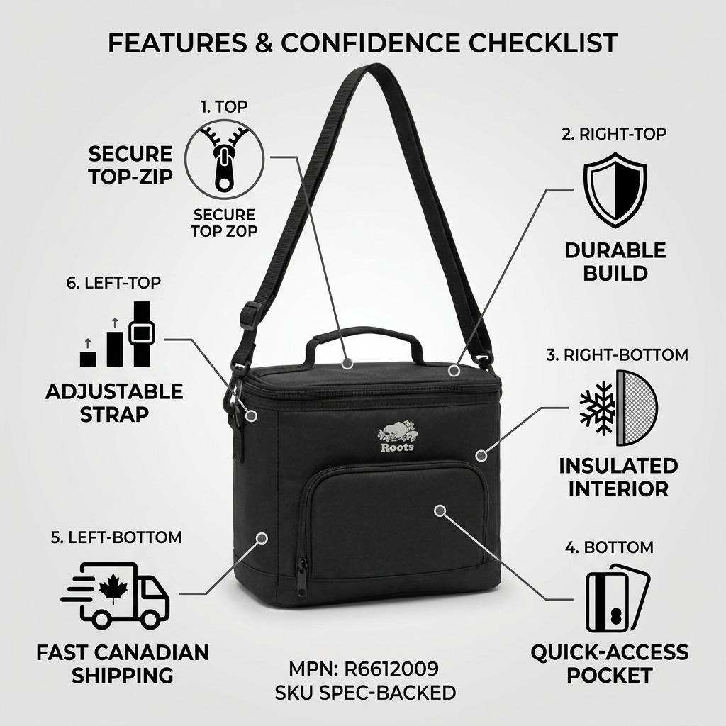 PDP visual matrix showing a Roots Rts Coated Poly Top Zip Cooler with five icons and short text bubbles for features like insulated material, top sip accessibility, and durable build.