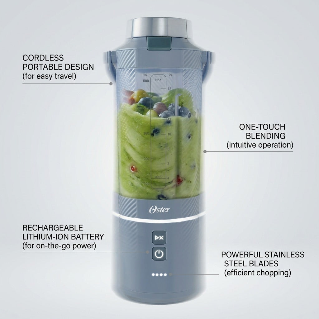 Feature callout infographic of the Oster GoMAX Portable Blender highlighting cordless design, ease of use, and efficient blending.