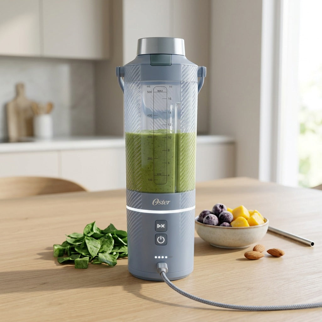A lifestyle photo shows the Oster GoMAX portable blender on a wooden desk, ready for action.