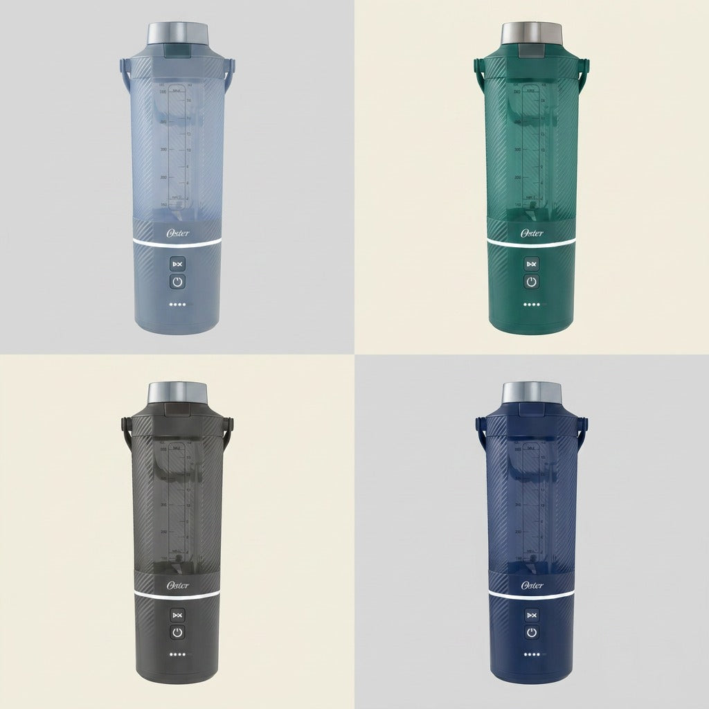 A PDP-style visual matrix displaying four Oster GoMAX Portable Blenders in different orientations against soft grey backgrounds.