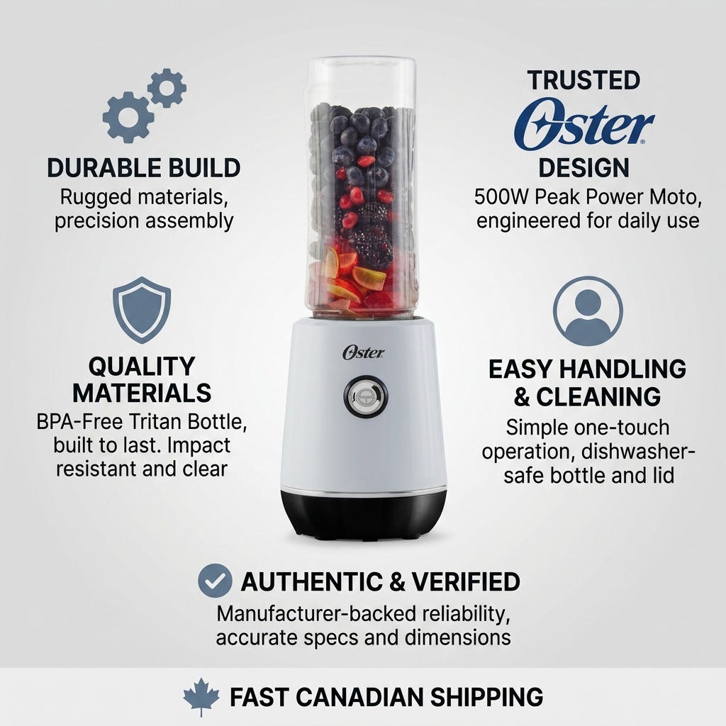 Infographic for Oster MyBlend Plus Personal Blender highlighting product features and fast Canadian shipping.