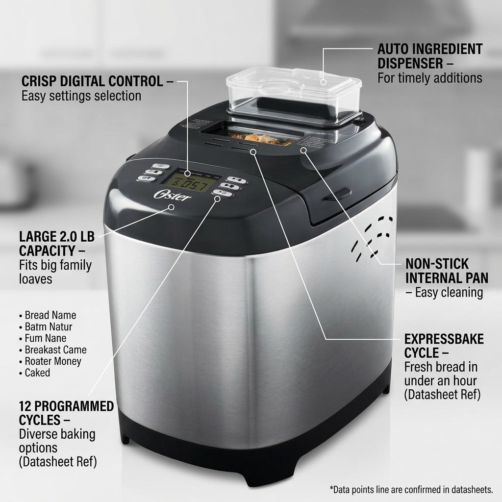 Feature graphic highlighting the key functions of the stainless steel Oster bread maker.