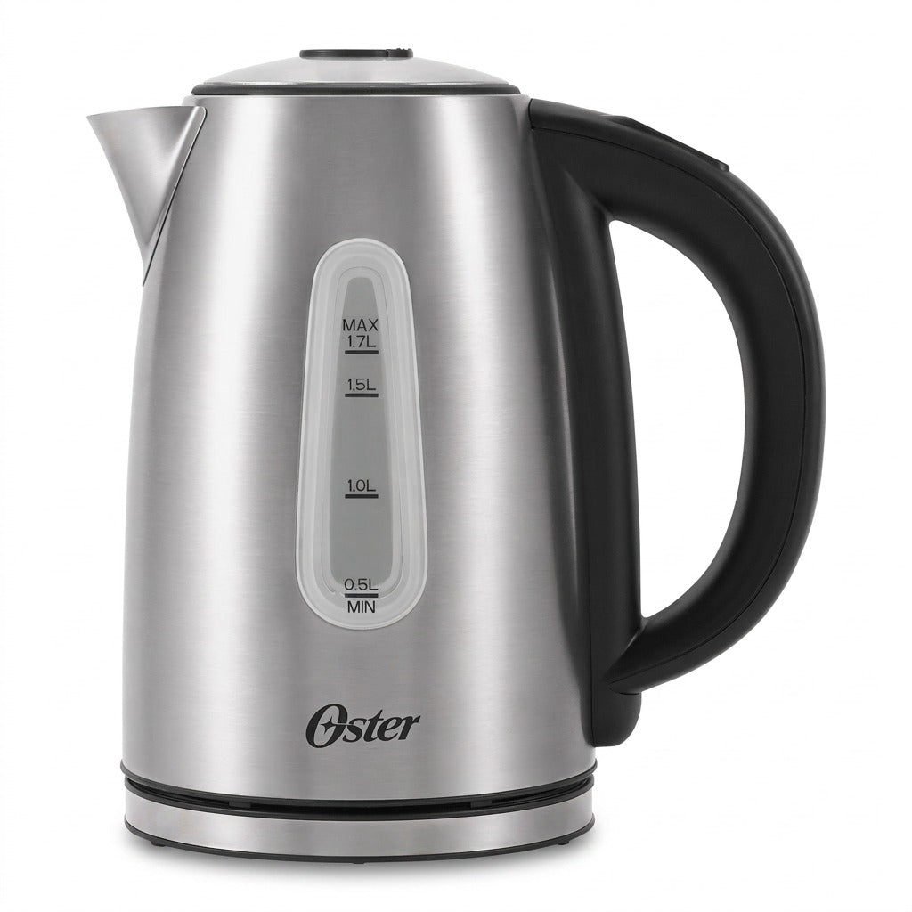 A high-resolution product photograph of the Oster 2136857 1.7L stainless steel variable temperature electric kettle, isolated on a pure white background. The kettle is shown in a three-quarter view, showcasing its brushed finish, digital display base, logic-controlled handle with pre-set buttons, and clear water level window.