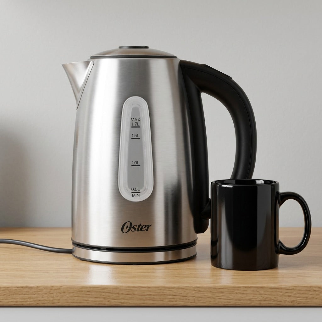 Scale reference image showing the Oster 1.7L kettle next to a standard black coffee mug.