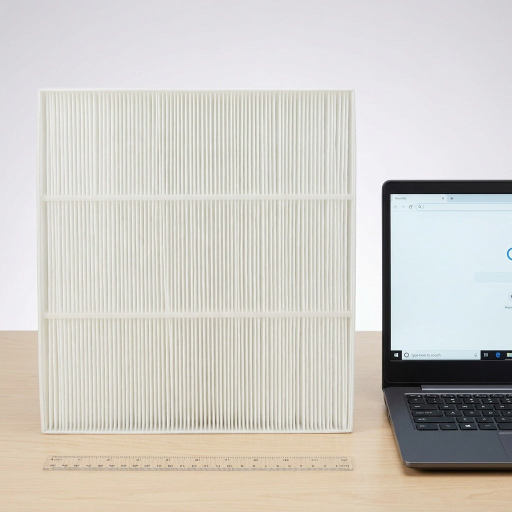 Sharp FZA28HFU HEPA filter shown next to a standard laptop to visually communicate its size.