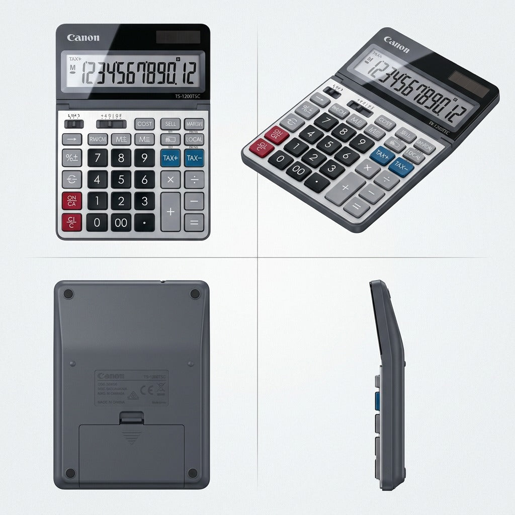 PDP configuration matrix image showing four accurate angles (front, isometric-top, right profile, back) of a Canon TS-1200TSC calculator on a clean light grey grid background.