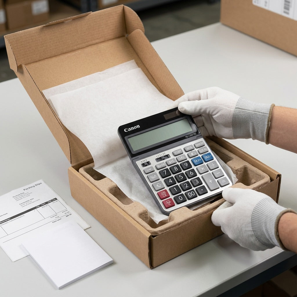 An intimate overhead photograph of the Canon TS-1200TSC calculator being gently removed from a protective shipping void filled with nested fiber packing materials, suggesting a confident and safe unboxing experience.