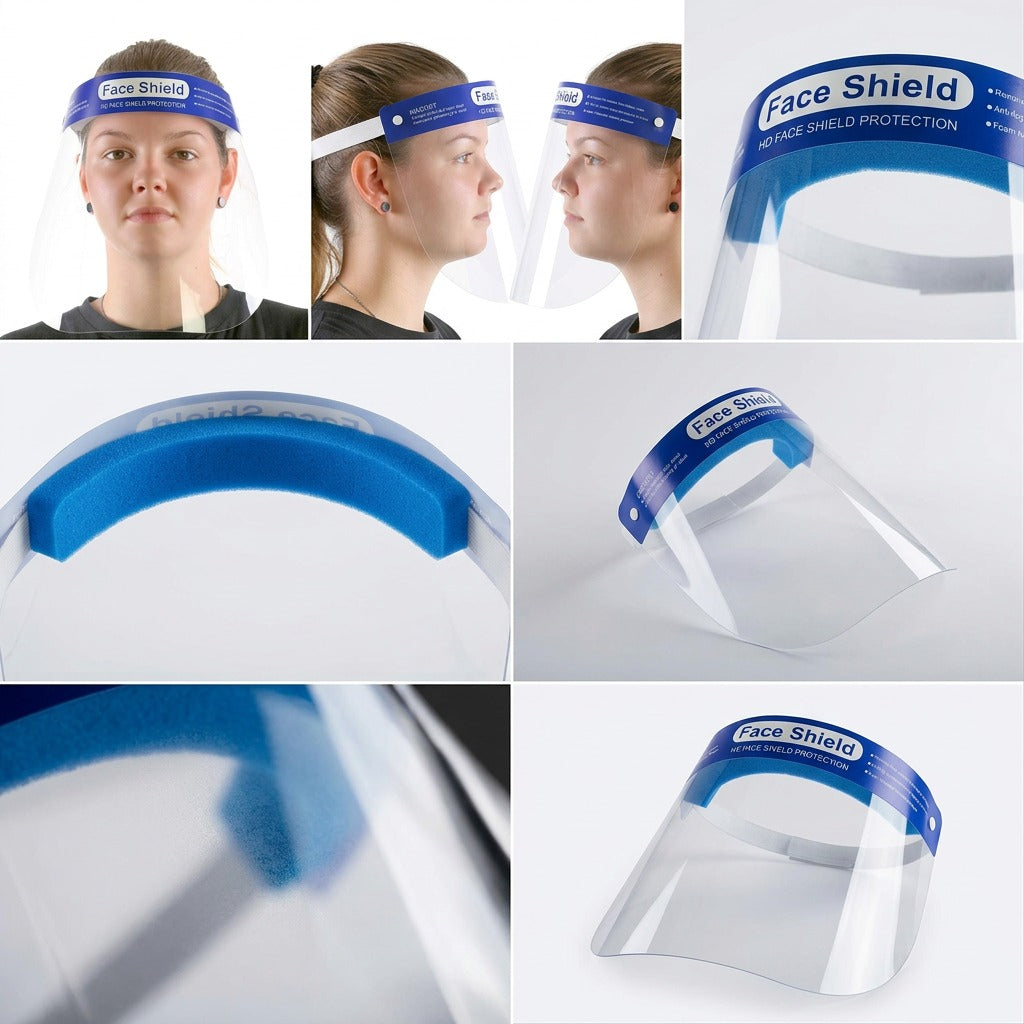 A multi-angle grid view showcasing the anti-fog face shield to highlight its features and fit.