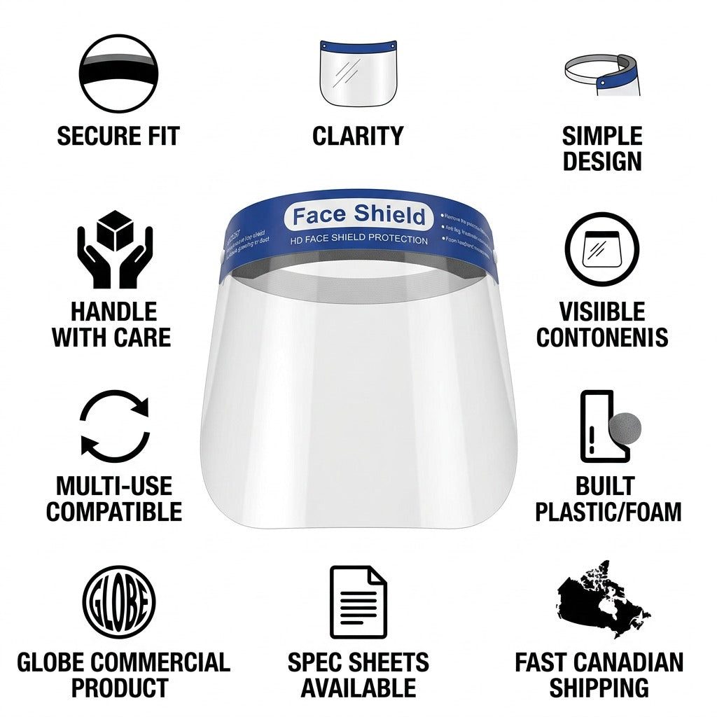 Confidence infographic for Globe Commercial Products Face Shield via fast Canadian shipping.