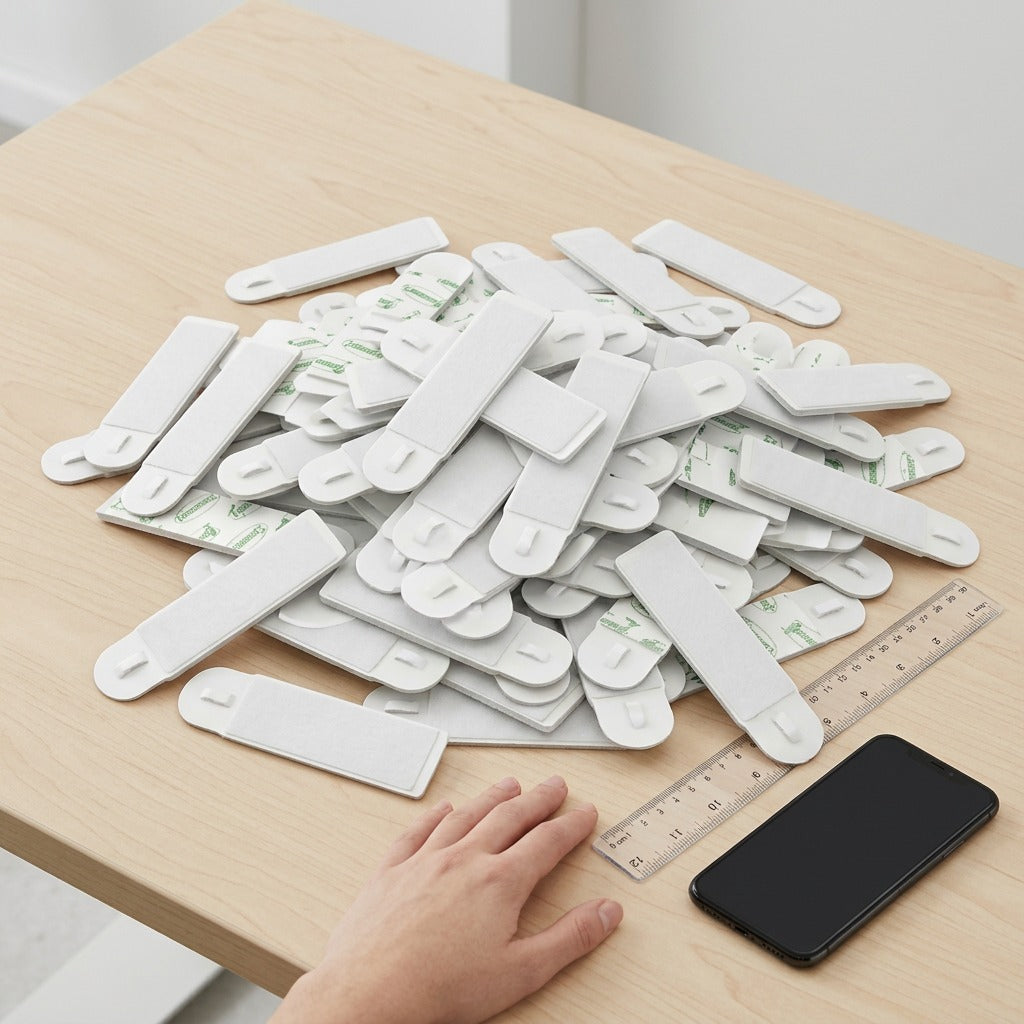 A workspace photo showing a large pile of Command Picture Hanging Strips on a wood desk alongside a hand, ruler, and smartphone for scale reference.