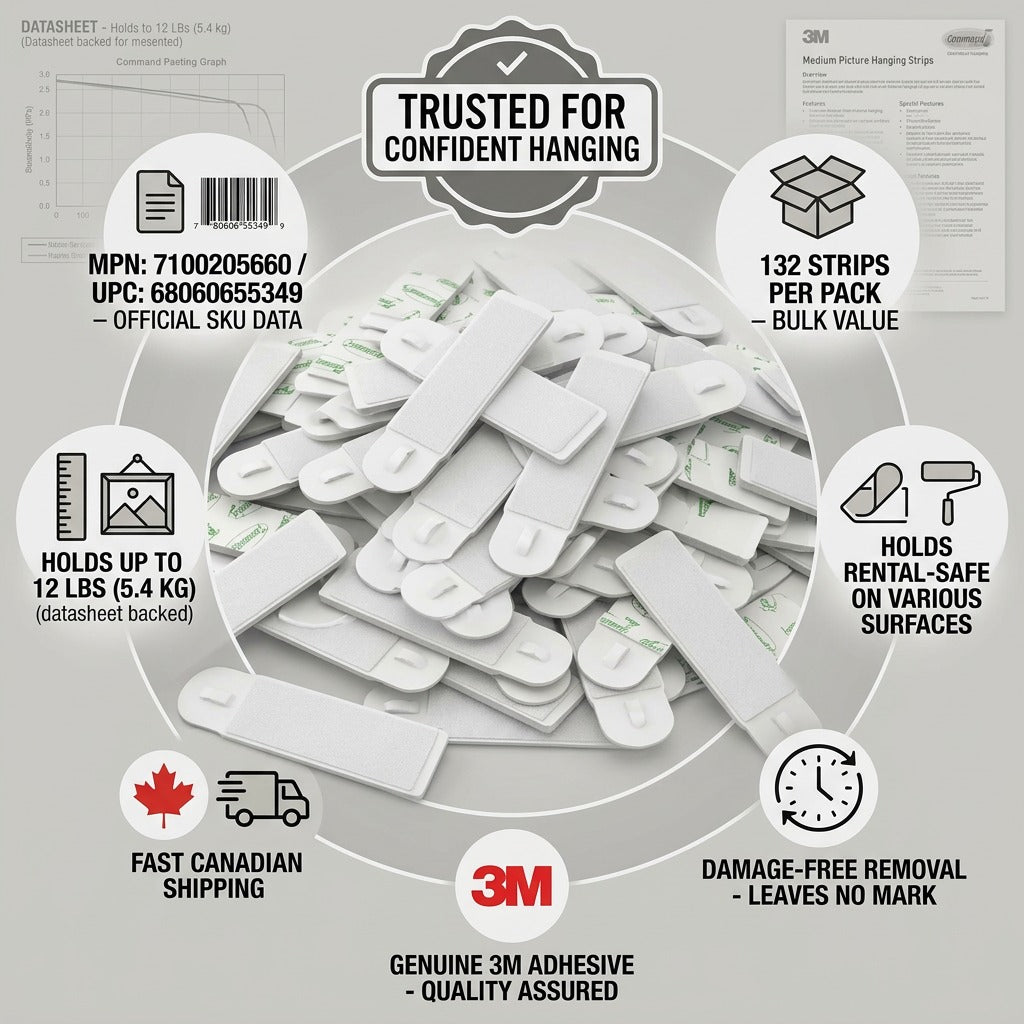 Trust and authority infographic matrix with central Command Medium Strips pile (132 strips), showing factual icons, weight limit, safe removal, SKU, and fast Canadian shipping.